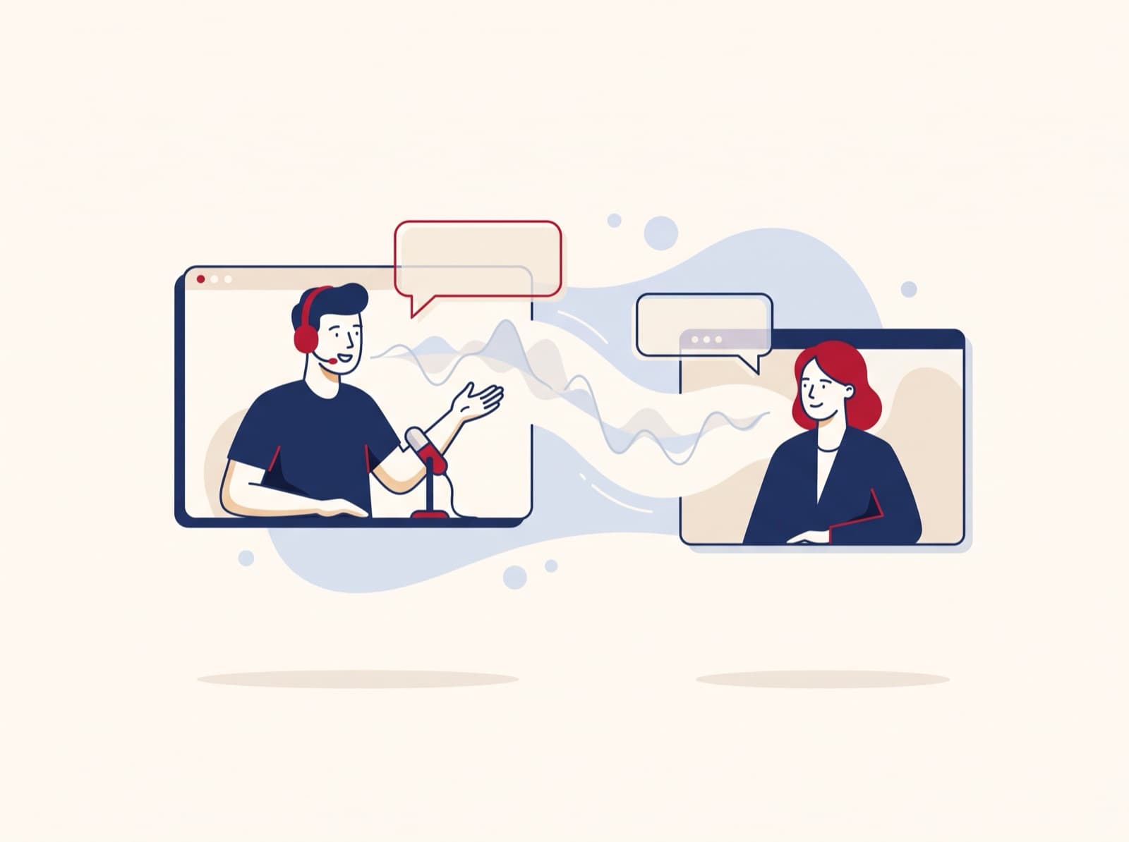 Illustration of a learner practising French speaking with a tutor on a video call