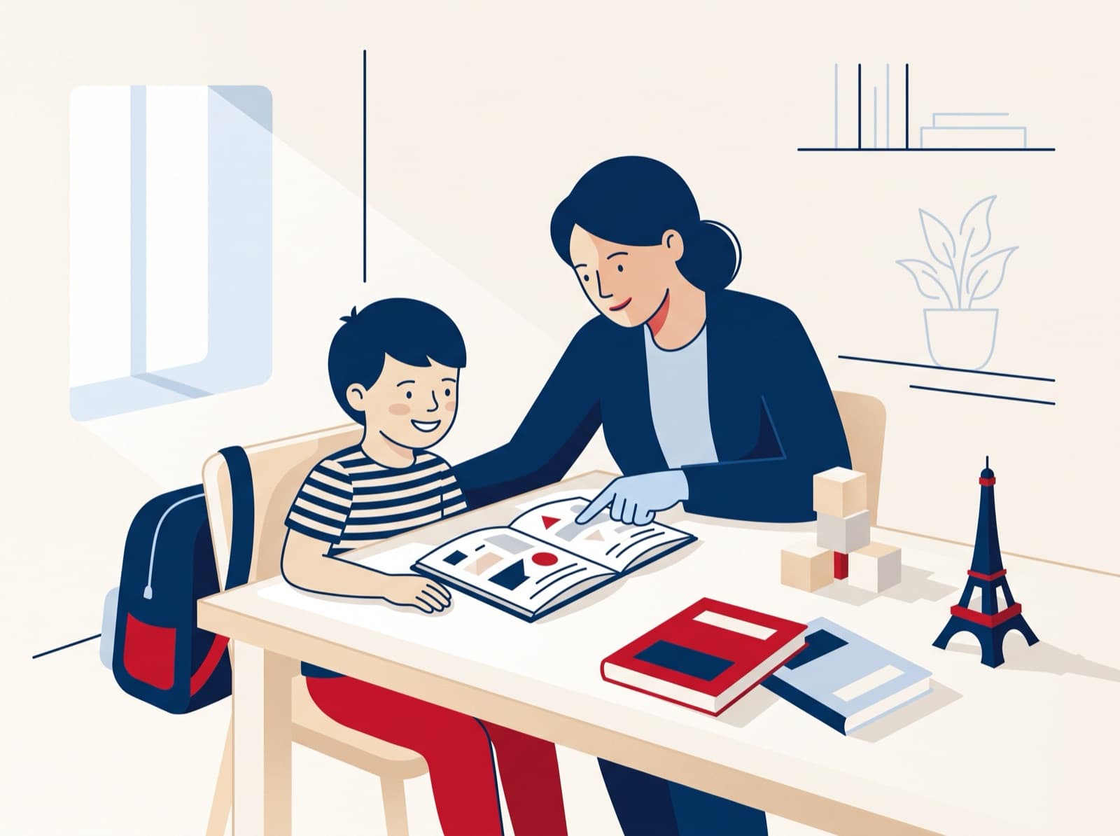 Illustration of a French tutor helping a child with French homework