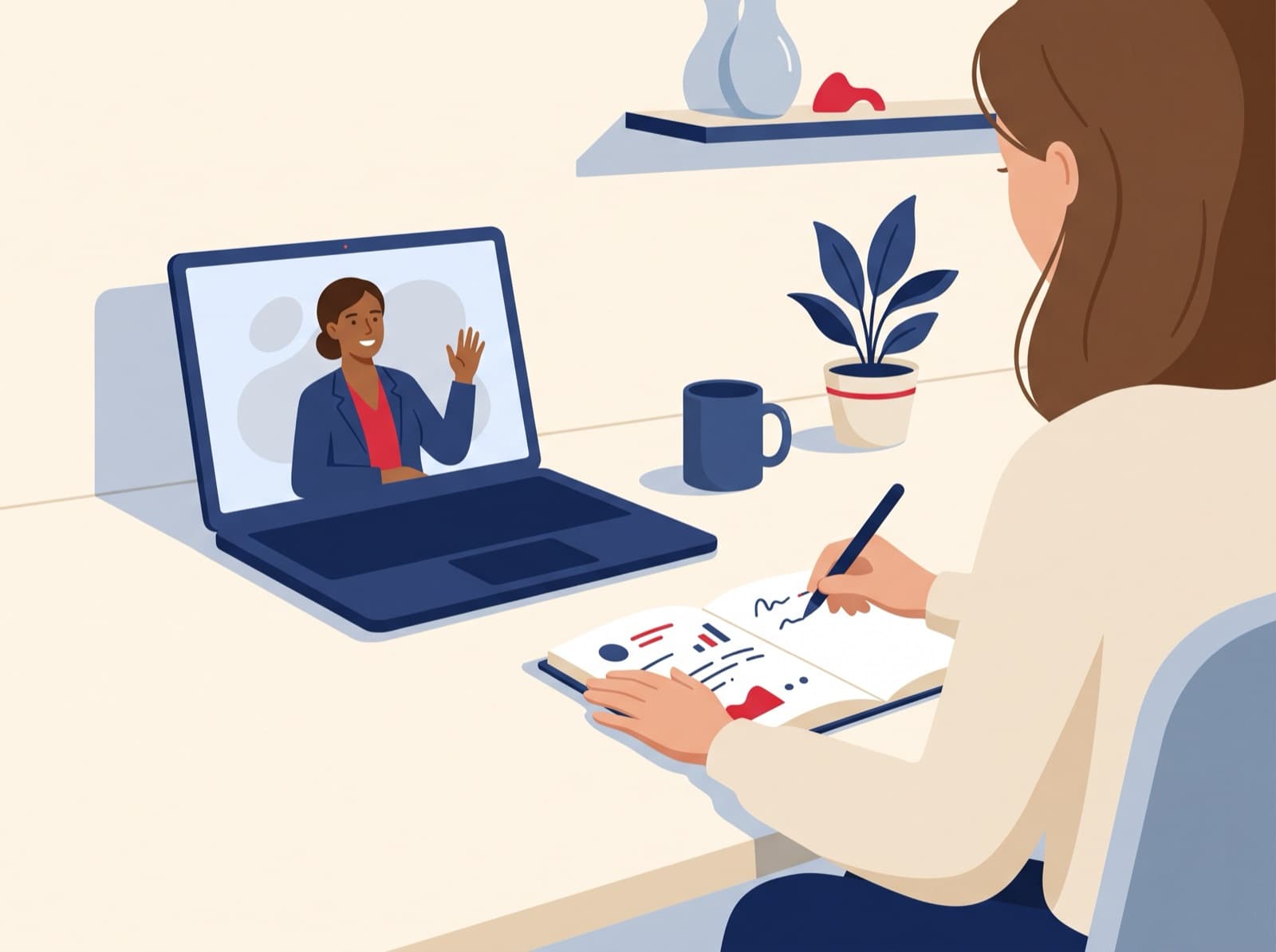 Illustration of an adult taking an online French lesson on a laptop