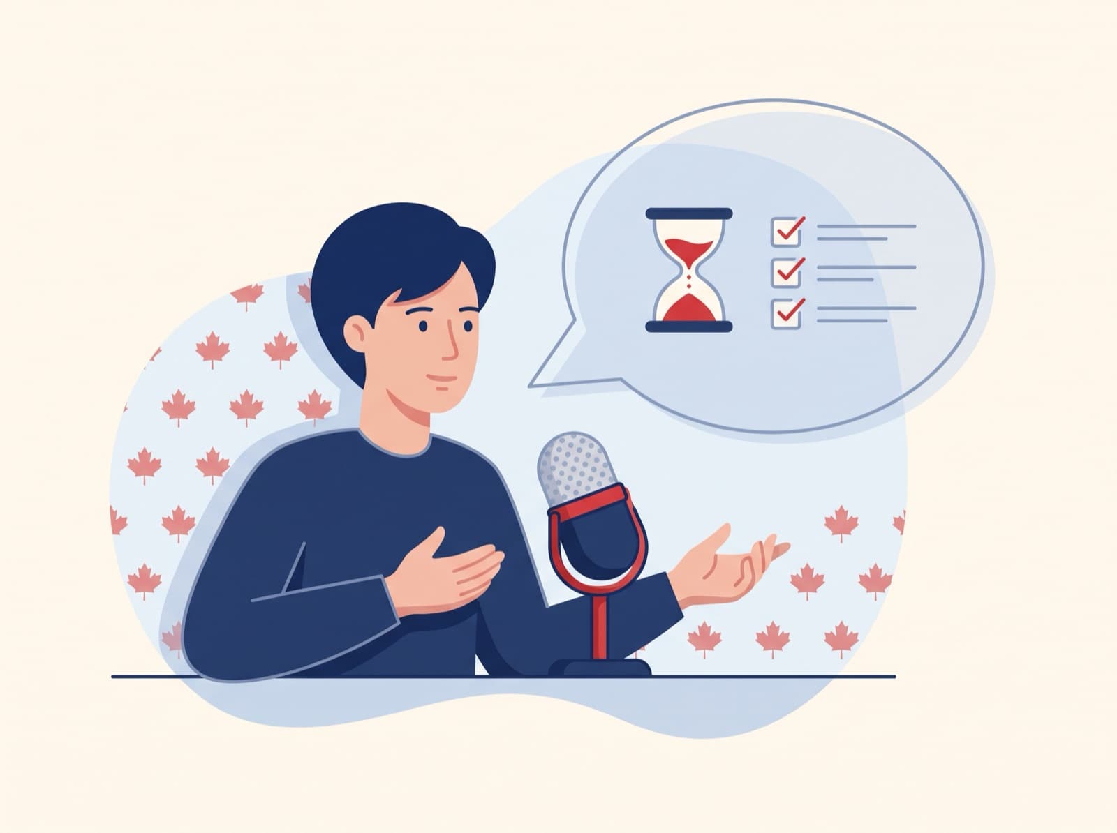 Illustration of a learner practising for the TCF Canada speaking test at a microphone