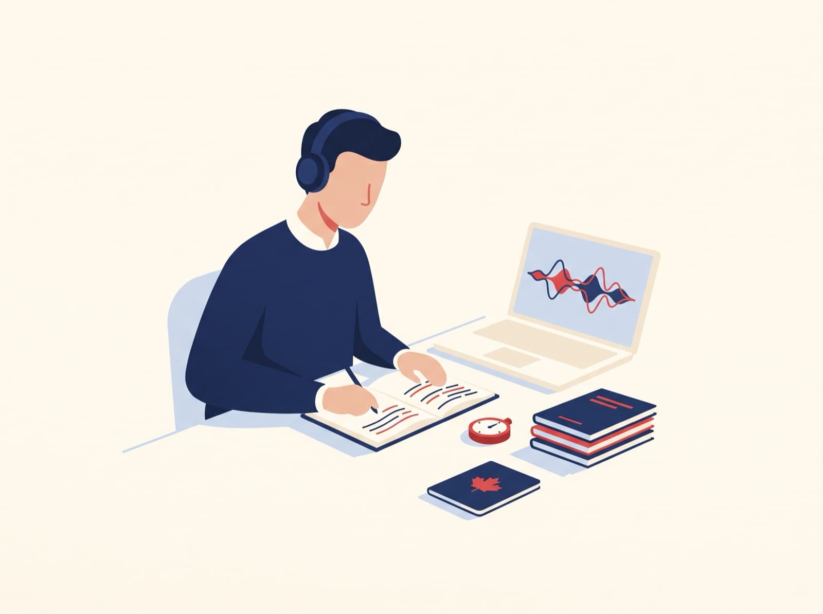 Illustration of an adult preparing for the TEF Canada French exam with headphones and practice booklets